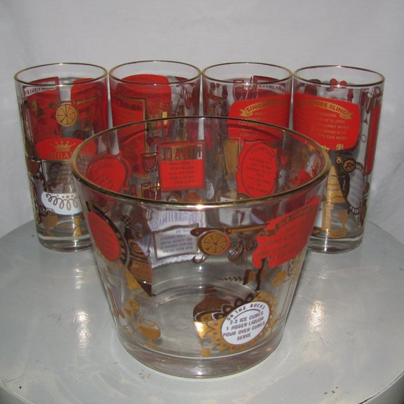 Jeannette Other - Vintage Jeannette Mid Century Modern Cocktail Bar Set 4 Glasses & Ice Bucket MCM